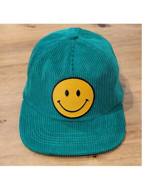 Ascot + Hart Green Corduroy Hat Smiley Face Have A Nice Day Snapback Cap Retro